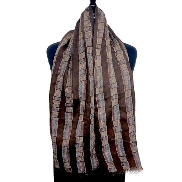 Vintage ECHO 100% Wool Long Scarf, Brown with Cream Blue Stripe Abstract Design - Picture 5 of 7